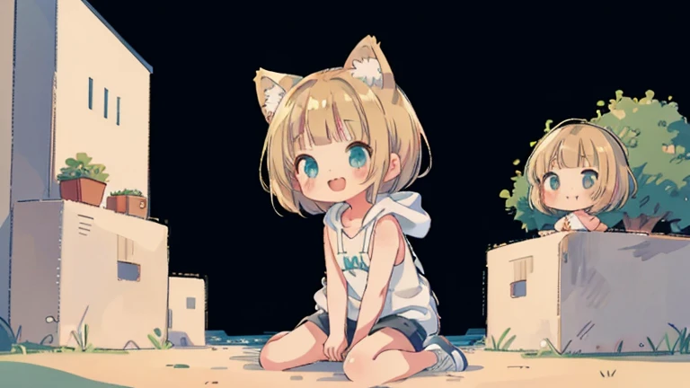 Chibi、Please straighten your bangs、smile、((masterpiece)), ((highest quality)), (anime:1.3), (RAW Photos:1.2),(High resolution:1.3), (Professional photography:1.4), ((12 years old)), 8k, Shiny skin, Cinema Lighting, One girl, Wide Shot, (Knitted fabric tank top), (Cute innocent teenage girl), Slender body, Small breasts, shiny medium hair, (Loose bangs), ((:3)), Open your mouth, Bare your fangs, look up, (いたずらなsmile), Beautiful clavicle, (slightly exposed shoulders), (Dog Ears), Hair blowing in the wind, break, ((highest quality)), (Sitting in Dubrovnik, Croatia), Summer day,Double Exposure、Blonde Hair、short hair、Turquoise Eyes、White hoodie、Black hot pants、Black sneakers,Please straighten your bangs、She has cat ears of the same color as her hair.
