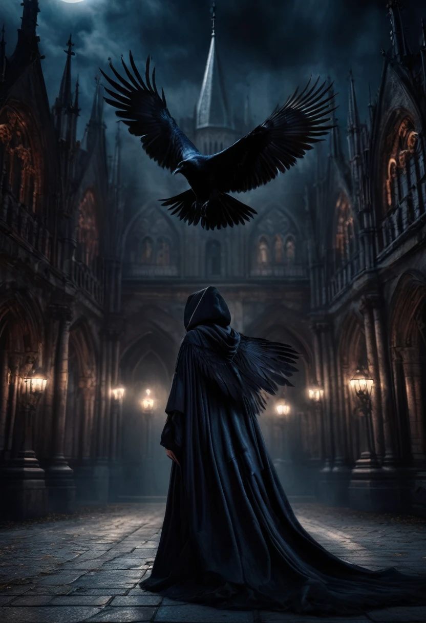 {Digital illustration of a beautiful girl with raven wings, in a terrifying cloak, flying and facing forward in front of an ancient, gothic building like in Dracula movies, the scene is dark and eerie with classic horror and gothic themes, highly detailed, Art Station, Dribble, vivid colors, 8K resolution, ambient light, cinematic atmosphere, dark and moody lighting}
