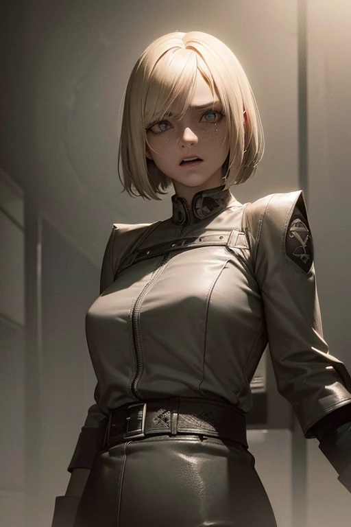 A young blonde woman with a short bob haircut, wearing a gray uniform, with freckles on her face, screaming in terror, dark and ominous atmosphere, (best quality,4k,8k,highres,masterpiece:1.2),ultra-detailed,(realistic,photorealistic,photo-realistic:1.37),horror,dramatic lighting,cinematic,chiaroscuro,dramatic shadows,dramatic expression,intense emotion,fear,screaming,high contrast,moody,dark and moody,dark atmosphere,dramatic lighting,cinematic,intense