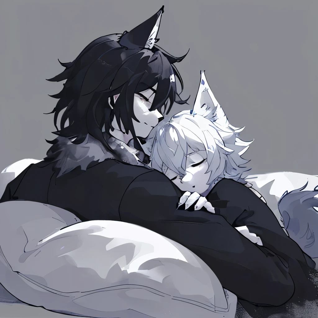 1 boy,furry art,((masterpiece)), (best quality), (simple style), Black and white style,Dark,Dim moonlight,Wolf Boy,Sleep