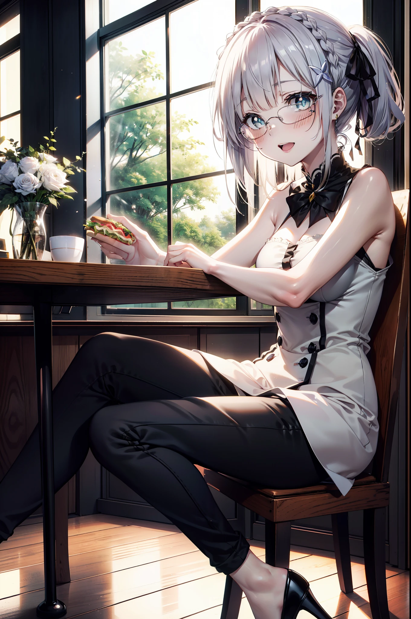 rezeroEmilia, Emilia, Braiding, crown Braiding, Flower Hair Ornaments, Purple eyes,Long Hair,Hair Ribbon, happy smile, smile, Open your mouth,blush,Open your mouth,Kurobuchi glasses,ponytail,Sleeveless dress,skinny pants,Stiletto heels,There is a sandwich on a plate on the table,sitting cross-legged on a chair,whole bodyがイラストに入るように,Daytime,快晴
break indoors, office,
break looking at viewer, whole body,
break (masterpiece:1.2), highest quality, High resolution, unity 8k wallpaper, (shape:0.8), (Beautiful and beautiful eyes:1.6), Highly detailed face, Perfect lighting, Extremely detailed CG, (Perfect hands, Perfect Anatomy),