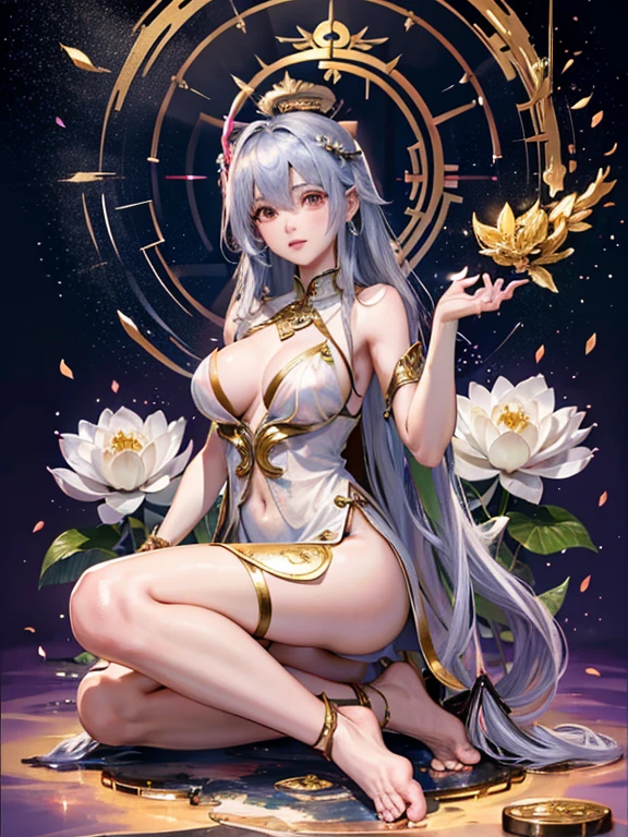 (Buddhist paradise、Gold Dust、Silver、Ruri、agate、Several large crystals、Halo、Kannon Bodhisattva)、god々A good appearance、A dazzlingly bright world、Daytime world、Flowers are blooming all over the place、Seated on a lotus pedestal、Official artwork、Crystal clear white dress、barefoot、(masterpiece、highest quality、High resolution、8k)、The composition is excellent、