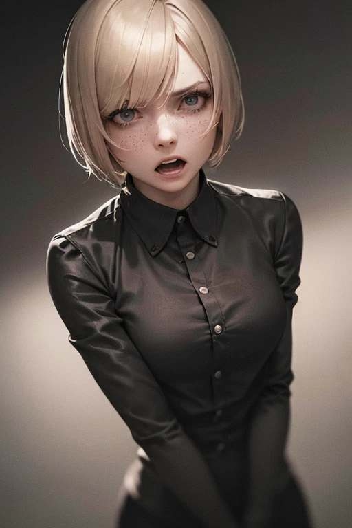A young blonde woman with a short bob haircut, wearing a gray uniform, with freckles on her face, screaming in terror, dark and ominous atmosphere, (best quality,4k,8k,highres,masterpiece:1.2),ultra-detailed,(realistic,photorealistic,photo-realistic:1.37),horror,dramatic lighting,cinematic,chiaroscuro,dramatic shadows,dramatic expression,intense emotion,fear,screaming,high contrast,moody,dark and moody,dark atmosphere,dramatic lighting,cinematic,intense