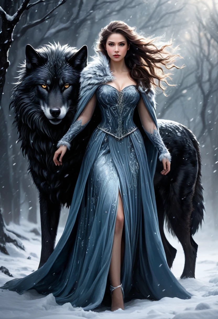 un primer plano de una mujer con un vestido y un lobo, reina del hielo y la tormenta, pelaje blanco y piel oscura, loba antropomorfa hembra, diosa del invierno, reina del invierno, fantasy art style, diosa del amor femenina de piel oscura, epic fantasy art style, Arte detallado de alta calidad 8k, Usando una intrincada armadura de piel, epic fantasy art style hd