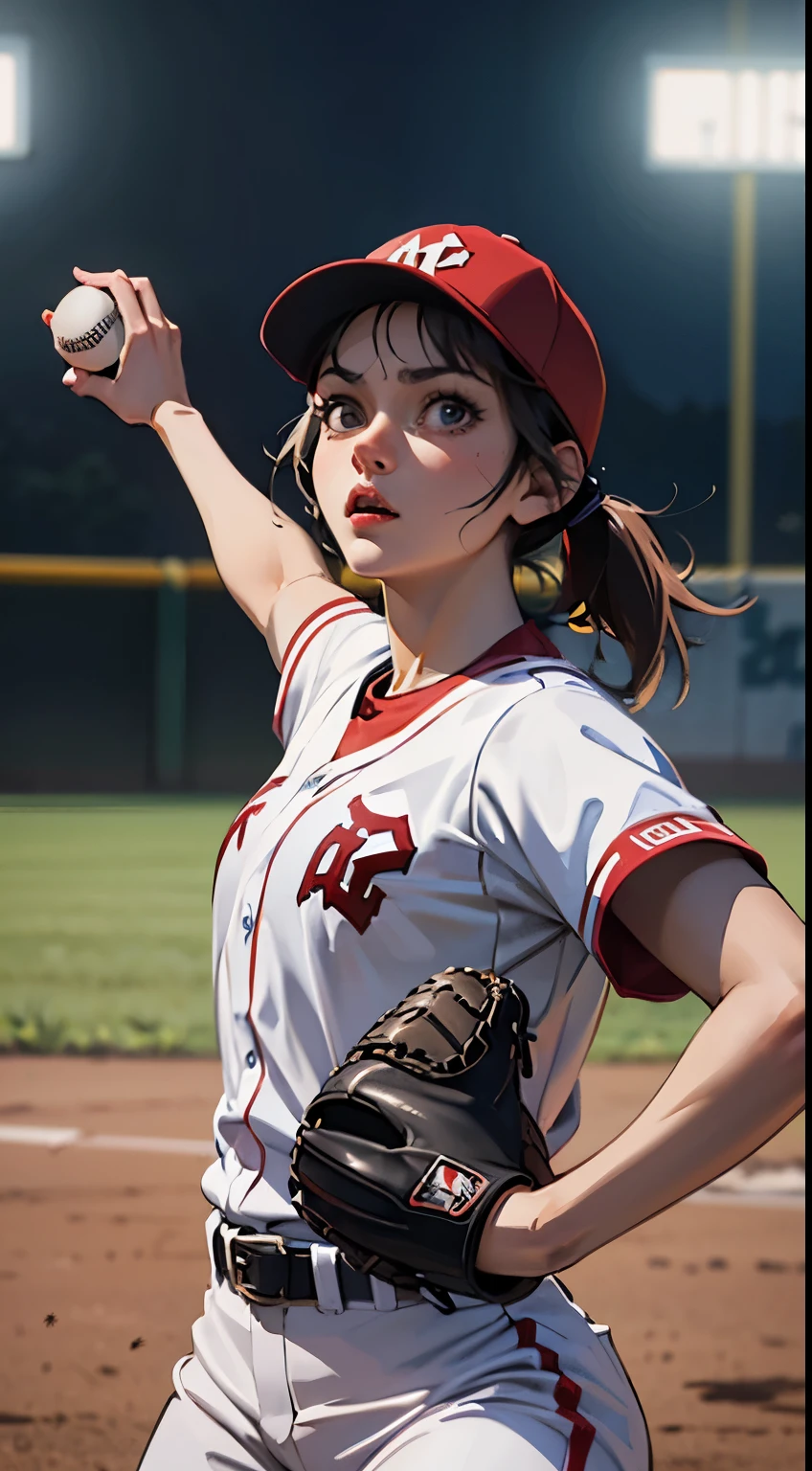 Anime baseball fanatic's poem female baseball pitcher, pitching form, dramatic scene, anime style, cool pitching form, detailed beautiful face