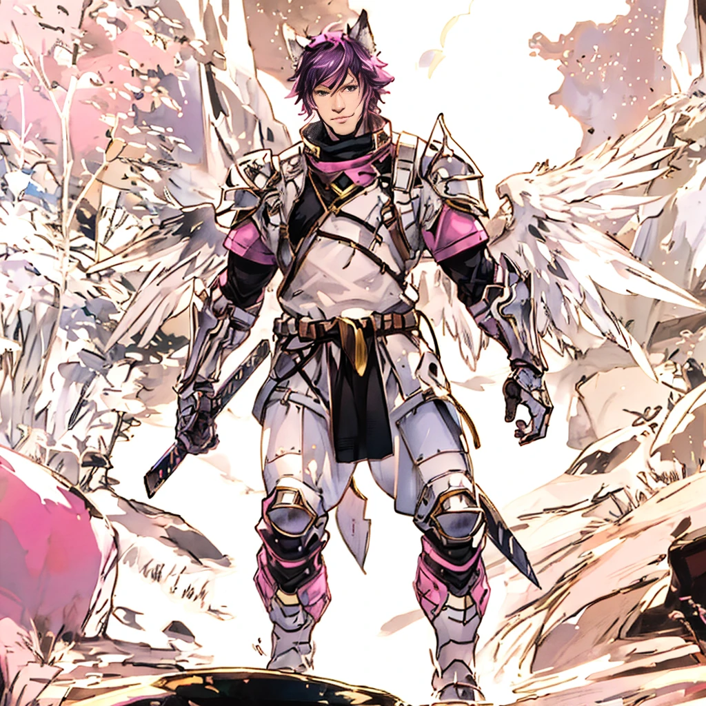 Mage warrior with long wings, old men with wolf ears, neon punk (ultra-detailed), (perfect lighting), (dynamic angle), floating while landing, futuristic retro armor, long sword, fire pink neon glowing outline, starry sky, colorful clouds, man wearing a full-face helmet, a fantasy-style biotech armored combat suit, green eyes, (a composite layered chest armor), fully enclosed shoulder guards, matching arm and leg guards, the belt is adorned with Falcon Wing, (the color scheme is primarily pink with black and purple accents), the design balances heavy with agility, a high-tech bio-mecha armor, futuristic sci-fi, this character embodies a finely crafted fantasy-surreal style armored hero in anime style, exquisite and mature manga art style, (battle damage, element, plasma, energy, the armor glows), ((male:1.5)), real texture material, dramatic, high definition, best quality, highres, ultra-detailed, ultra-fine painting, extremely delicate, professional, perfect body proportions, golden ratio, anatomically correct, symmetrical face, extremely detailed eyes and face, high quality eyes, creativity, RAW photo, UHD, 32k, Natural light, cinematic lighting, masterpiece-anatomy-perfect, masterpiece:1.5