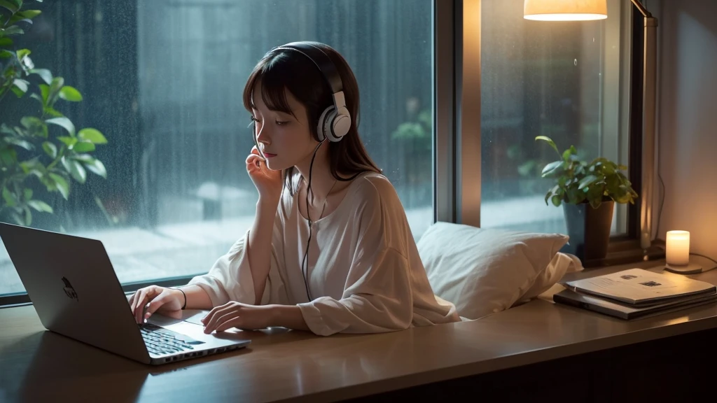 A high-quality anime illustration for Lofi music:
A quiet nighttime scene with gentle rain falling outside the window.
A woman sitting on a bed by the window, looking at a laptop screen.
She is wearing headphones, relaxing and unwinding from the day’s fatigue.
The atmosphere is cozy and serene, with the soft glow of the laptop screen illuminating her face.
The overall scene evokes a sense of calm and relaxation, perfect for Lofi music.
Avoid elements such as:
Distracting or overly bright colors.
Cluttered or chaotic backgrounds.
Characters with exaggerated expressions or unrealistic proportions.
Unnatural lighting or shadows.
Elements that do not convey a calm and serene atmosphere.