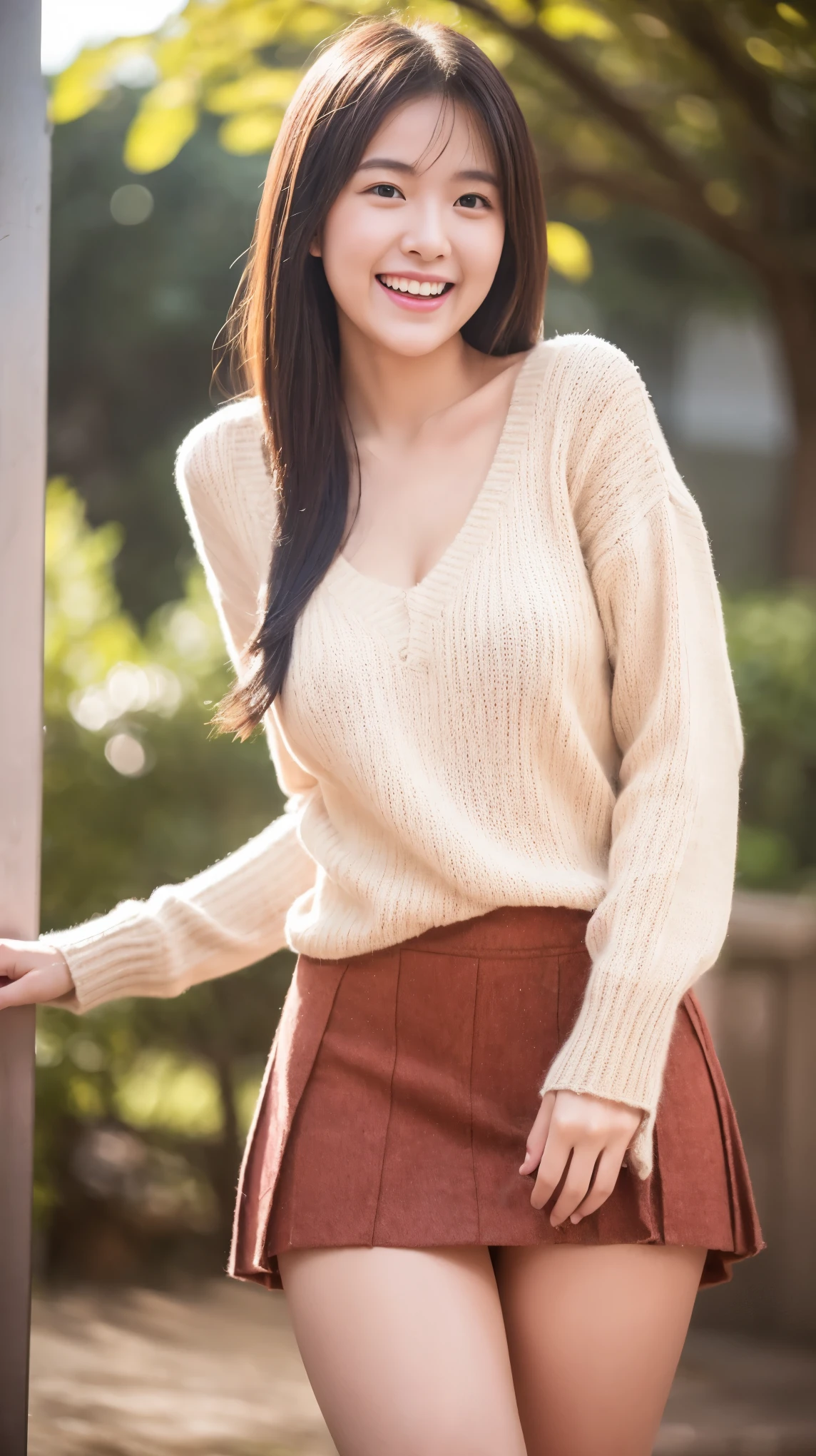 High resolution、High level image quality、In 8K、real live action、RAWphotographgraphy、highest quality、masterpiece、table top、beautiful japanese girl、japanese woman、cute little face、((shining face))、((((My cheeks turned red))))、(((((laugh shyly)))))、white skin、((Obscene content))、For adults、porn、the charm of sex、absurd、small breasts、超A high resolution、RAWphotograph、only、beautiful feces、alone、whole body、twin tail hair、very nice、knit sweater、 mini skirt、japanese woman、Are standing、(Photoreal:1.37)、photon mapping、realistic、radio city、Physics-based only dulling、written boundary depth、blurred background、photograph、hair、thighs thighs、Japanese ID、sparkling eyes、glossy lips、too bright natural light、bright sun、too bright sunlight、looking at camera、full nude