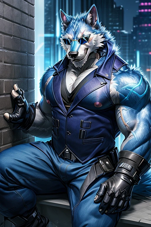 2d, masterpiece, best quality, 4k, 8k, ultra highres, raw photo in hdr, sharp focus, photo realism, real life like, detailed background, wolf anthro,(Freddy sit against a wall), (sunglasses, blue fur, gloves), vest, (big pink nipples, abs), muscular male, in a night city, detailed background, hi res, (by null-ghost, by thebigslick, by darkgem, by honovy),