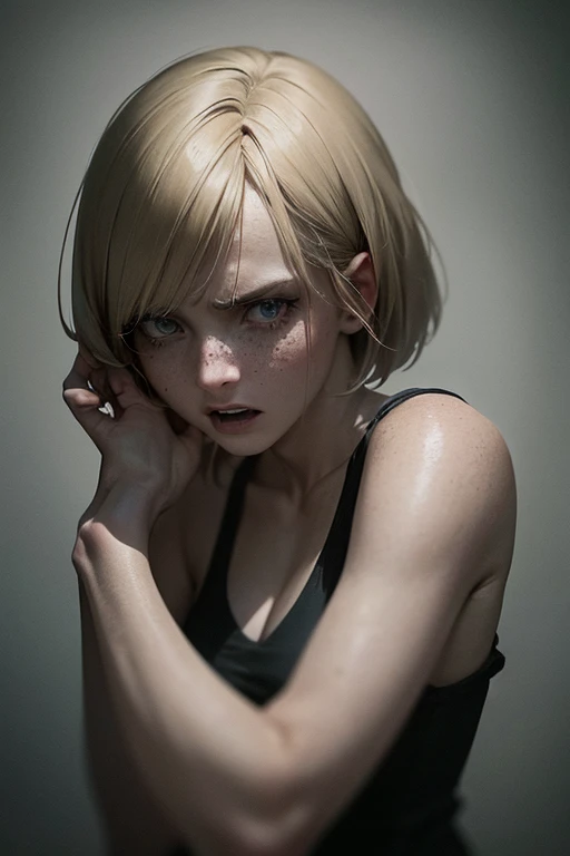 A young blonde woman with a short bob haircut, wearing a gray uniform, with freckles on her face, screaming in terror, dark and ominous atmosphere, (best quality,4k,8k,highres,masterpiece:1.2),ultra-detailed,(realistic,photorealistic,photo-realistic:1.37),horror,dramatic lighting,cinematic,chiaroscuro,dramatic shadows,dramatic expression,intense emotion,fear,screaming,high contrast,moody,dark and moody,dark atmosphere,dramatic lighting,cinematic,intense