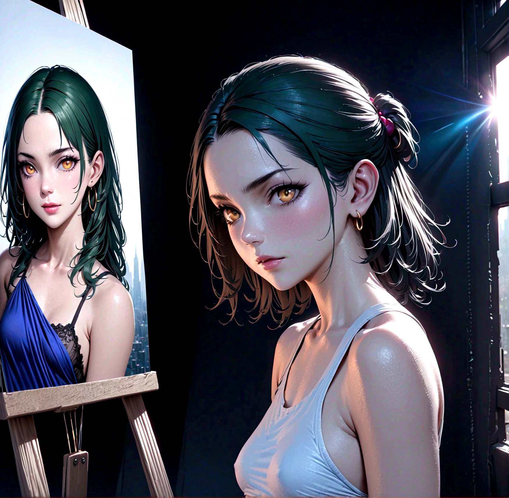 beautiful anime girl, short green hair, slightly curly hair, dark skin, yellow eyes, white tank top, bare arms, hoop earrings, small breasts, upper body, (best quality,4k,8k,highres,masterpiece:1.2),ultra-detailed,(realistic,photorealistic,photo-realistic:1.37),vibrant colors,detailed facial features,cinematic lighting,intricate background,digital painting,concept art style
