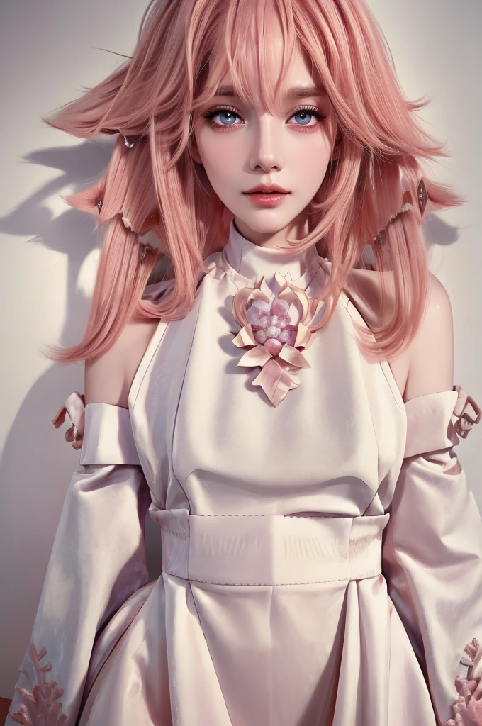 1girl, hips up, fullbody, pink hair, beautiful detailed eyes, beautiful detailed lips, extremely detailed face and eyes, long eyelashes, elegant dress, flowing hair, serene expression, detailed background, natural lighting, digital painting, highly detailed, 8k, photorealistic, masterpiece, cinematic, soft colors, warm lighting