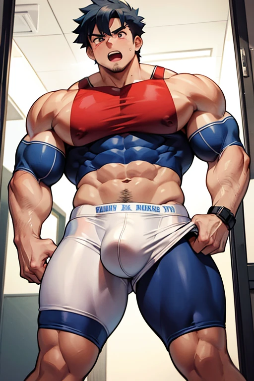 Ash Ketchum and from Pokémon and his long-lost twin brother flexing their biceps under hypnosis with glowing red eyes as they grow into big dumb sweaty hairy muscular football jock bros in a locker room. Hyper muscles. Massive muscles. Big biceps. Big triceps. Big s. Broad shoulders. Big pecs. Bulging crotch. Hyper crotch bulge. Dumber and dumber. Blank stare with open mouth while saying, "I am a dumb jock.... I obey.... Dumber and dumber.... Yes, Coach.... Huhuhuhuh...." Slumped shoulders. Hypnosis. Brainwashing. Bigger and dumber jock bros. Assimilation. Transformation into big dumb muscular jock bros. Slumped shoulders. Massive crotch bulge. Bulging glutes. Thick stubble. Hairy armpits. Repeating triggers to be dumber and dumber each time they say them to think and focus only on growing muscle and being the perfect football jocks.