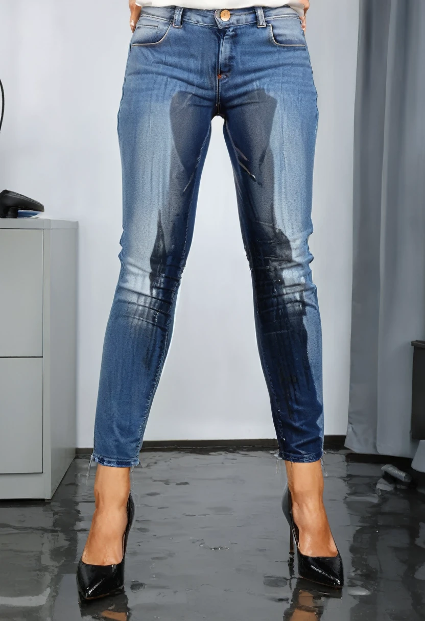 attractive blonde woman wearing skinny jeans, flat heel pumps, white blouse, standing in an office,  wetting, big smile, pee stains are gleaming wet, shoes are flooded with pee,  ((((jeans are soaked with pee below the knees)))), toe cleavage flooded with pee,  ((pee stains are very dark blue))), (((full view)))