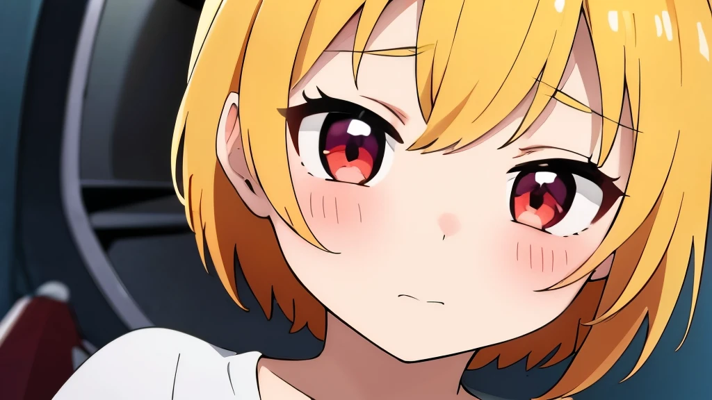 Anime Style、highest quality, One Girl, alone, (Flandre Scarlett staring at camera)、From the upper body、Are standing、 The camera shoots the girl from above、The girl is looking down、In front of the house、Waiting for someone、Beautiful Face、Eye highlights、Blushing、Embarrassing、Red eyes、Yellow hair on the third tail、Short sleeve、Childish、entrance前、entrance