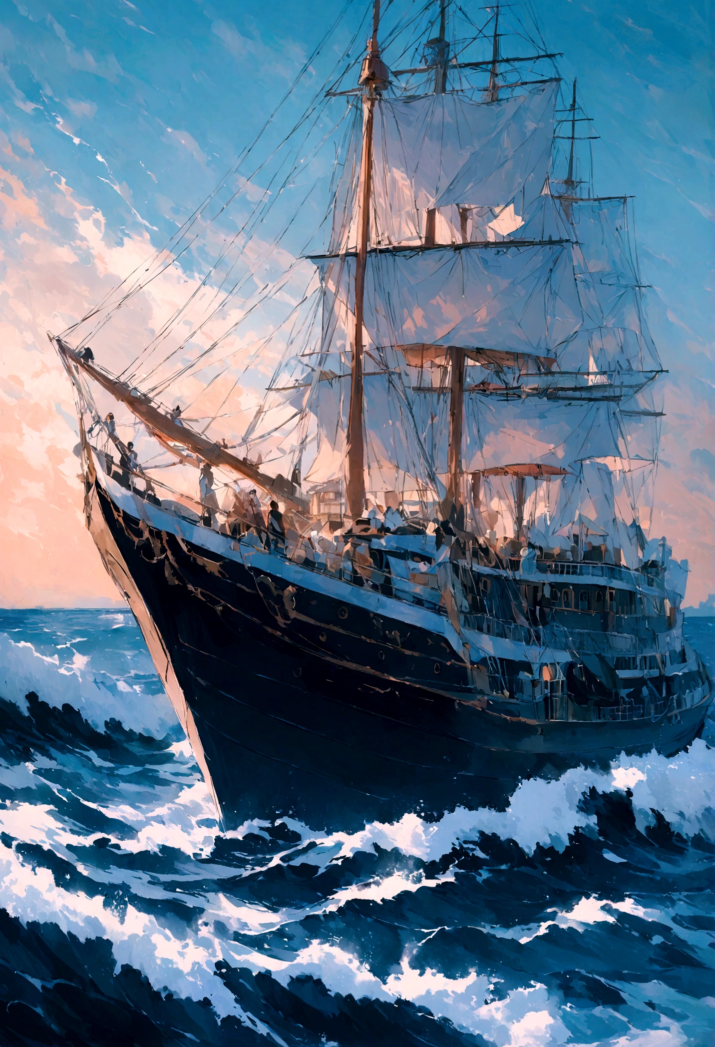 This is an oil painting.,A couple,A couple相拥,在Titanic最高处,,Big scene,Cruise ship on the sea,Titanic,Blue sea,seawater,蓝色的seawater,Waves,The ship is sailing on the sea,