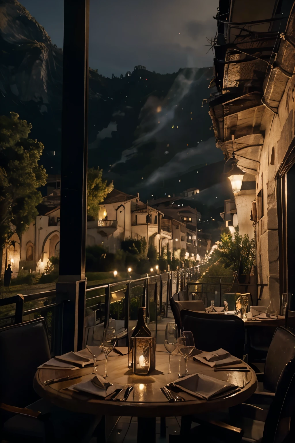Restaurante elegante de noche con hermosa vista