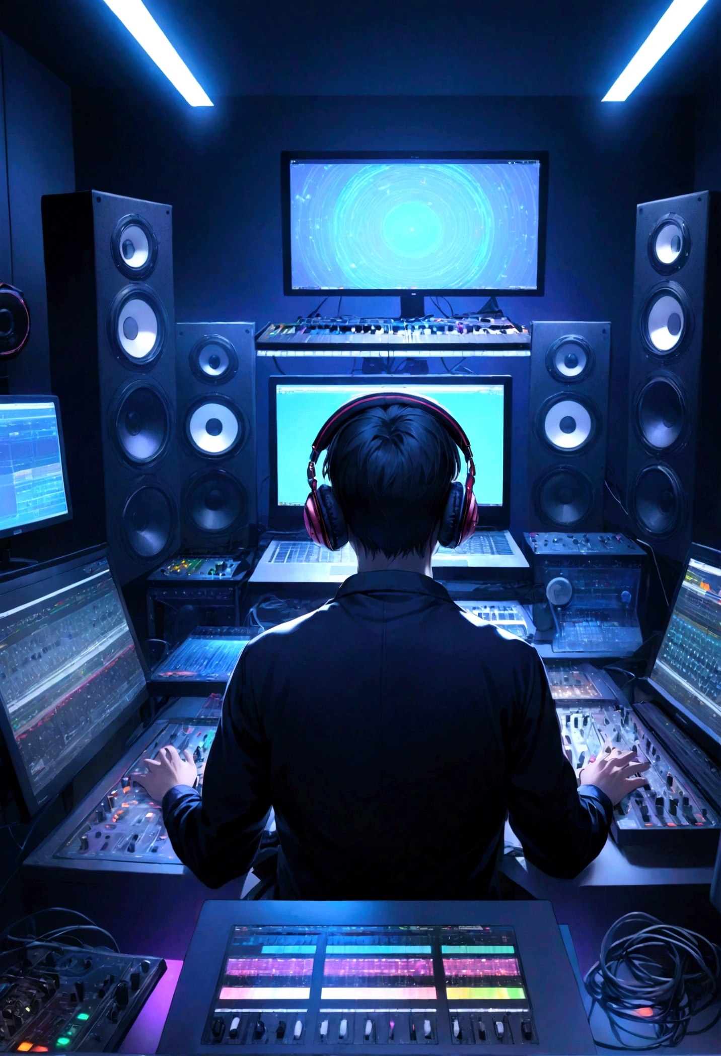 Depict a music producer working intently on his laptop in a fully equipped music studio. The producer is surrounded by a variety of audio equipment, including mixing consoles, synthesizers, speakers, and microphones. The room is dimly lit with colorful LED lights creating an ambient atmosphere. Cables and soundproofing panels line the walls, adding to the professional studio environment. The producer wears headphones, deeply focused on perfecting his tracks, with the glow of the laptop screen reflecting off his face. The overall scene captures the creative and high-tech essence of music production.