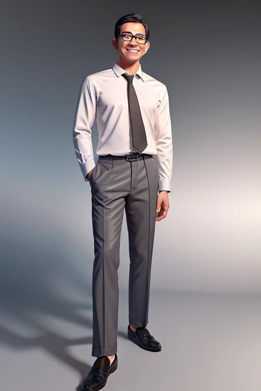 Realistic 4D caricature of Indonesian man aged 35yo, wearing glasses, wearing batik shirt, formal trousers, loafers, standing proudly, silver gradient background