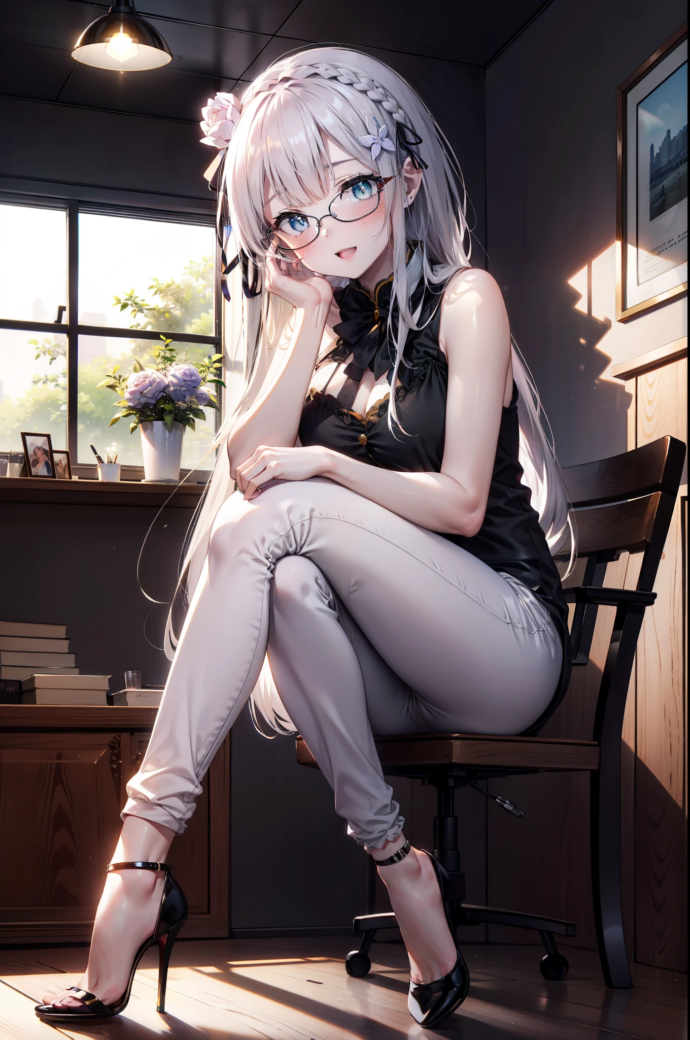 rezeroEmilia, Emilia, Braiding, crown Braiding, Flower Hair Ornaments, Purple eyes,Long Hair,Hair Ribbon, happy smile, smile, Open your mouth,blush,Open your mouth,Kurobuchi glasses,ponytail,Sleeveless dress,skinny pants,Stiletto heels,There is a sandwich on a plate on the table,sitting cross-legged on a chair,whole bodyがイラストに入るように,Daytime,快晴
break indoors, office,
break looking at viewer, whole body,
break (masterpiece:1.2), highest quality, High resolution, unity 8k wallpaper, (shape:0.8), (Beautiful and beautiful eyes:1.6), Highly detailed face, Perfect lighting, Extremely detailed CG, (Perfect hands, Perfect Anatomy),