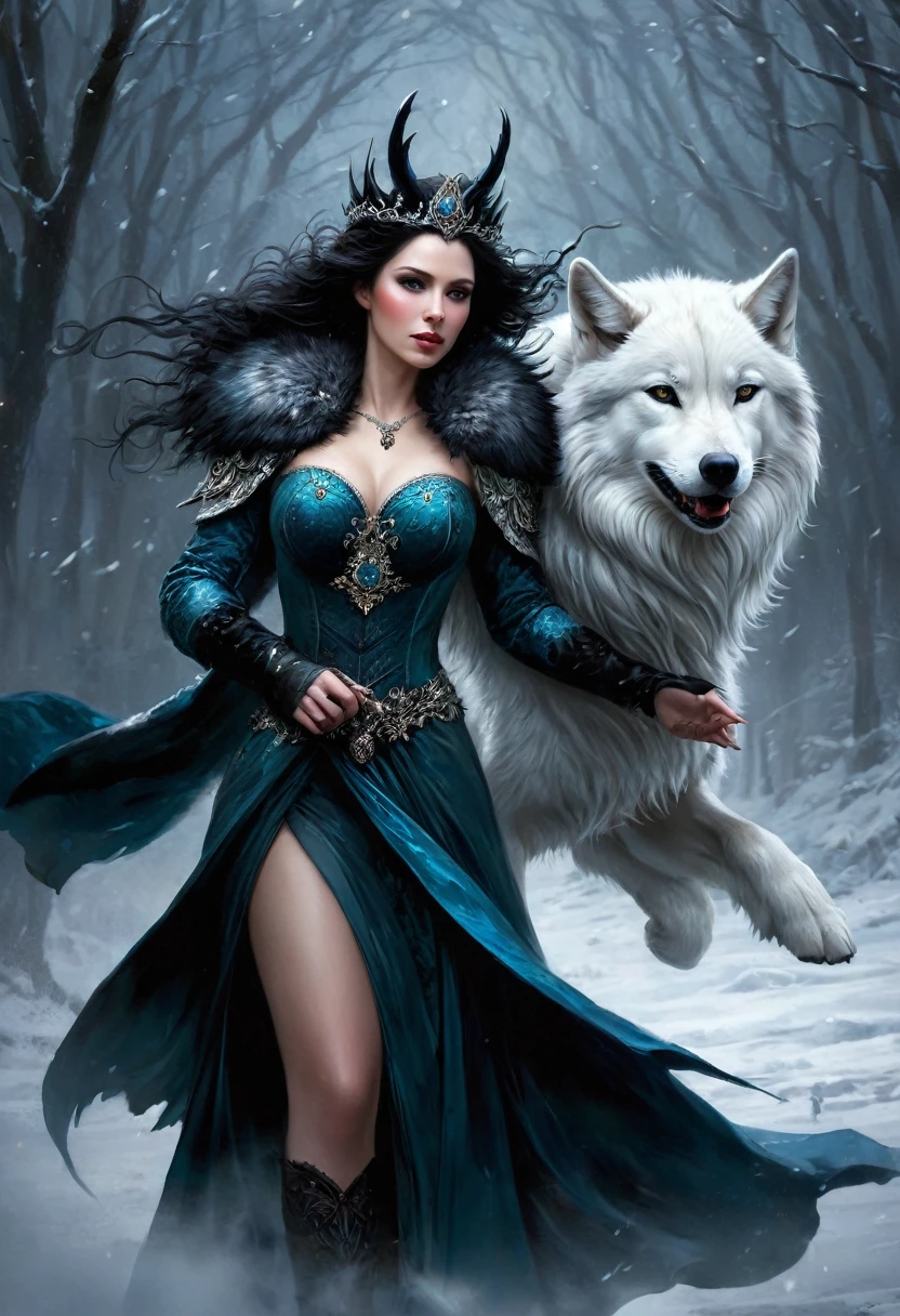 un primer plano de una mujer con un vestido y un lobo, arte conceptual por Cynthia Sheppard, Tendencias en la sociedad CG, fantasy art, reina del hielo y la tormenta, pelaje blanco y piel oscura, loba antropomorfa hembra, diosa del invierno, reina del invierno, fantasy art style, diosa del amor femenina de piel oscura, epic fantasy art style