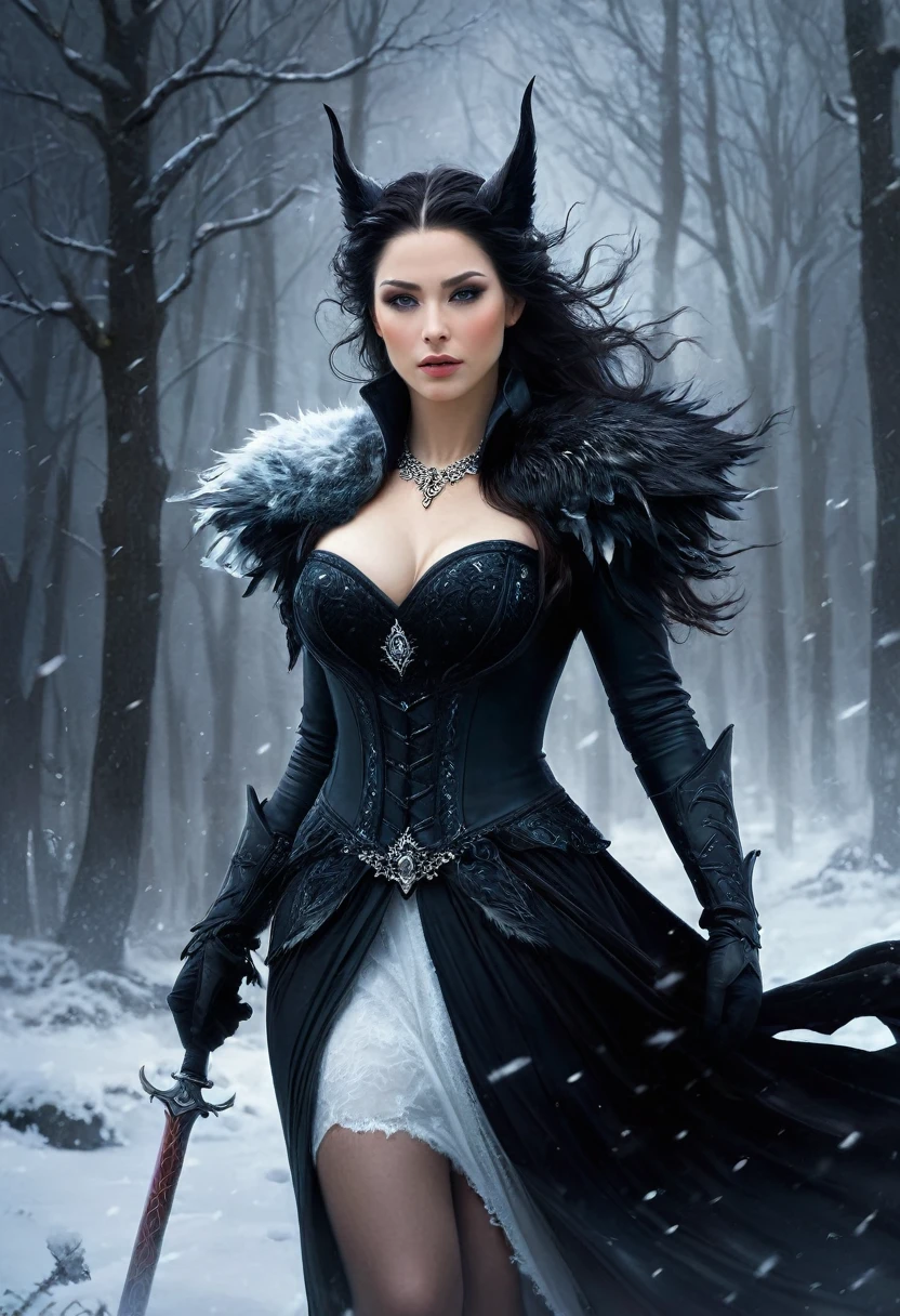 un primer plano de una mujer con un vestido y un lobo, arte conceptual por Cynthia Sheppard, Tendencias en la sociedad CG, fantasy art, reina del hielo y la tormenta, pelaje blanco y piel oscura, loba antropomorfa hembra, diosa del invierno, reina del invierno, fantasy art style, diosa del amor femenina de piel oscura, epic fantasy art style