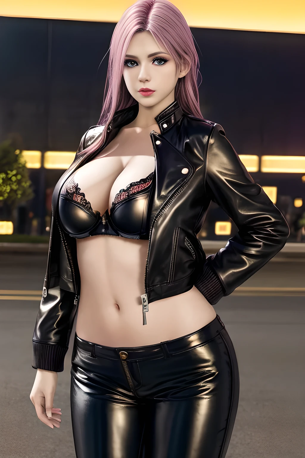 1 girl, bra, puffy leather jacket, leather pants, stylish outfit, bold, confident, motorcycle, edgy, rebellious, dramatic lighting, leather texture, urban background, huge breasts, standing pose, (best quality, 4k, 8k, high resolution, masterpiece: 1.2), ultra detailed, (realistic, photoreal, photoreal: 1.37), intense colors, city at night, elise,