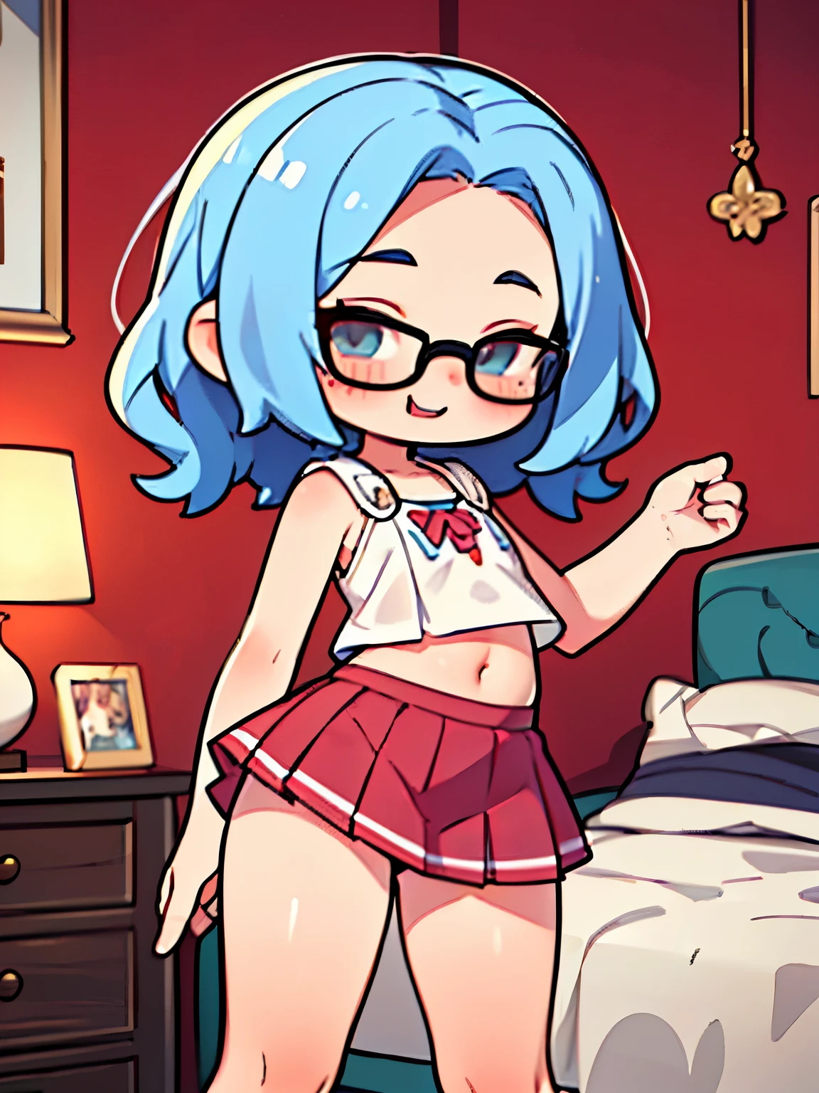(((best quality))), (((ultra-detailed))) (((detailed))), (tiny body), ((((big chest)))), ((huge buttocks)), indoor scene, ((cinematic angle)), (casual sexy outfit), looking at camera, (cute pose), sexy, (((cheeky girl))), cowboy shot, (((((droopy eyes))))), blush, ((perspired)), glasses, ((fang)), (curvy), ((())), (((((loli))))), ductive smile)), (((((perfect anatomy))))), bitch, ((very short pleated miniskirt)), (((((one girls))))), (((thick legs))), (((She is very tiny))), (caustics), (((five heads tall))), ((Five Fingers)),