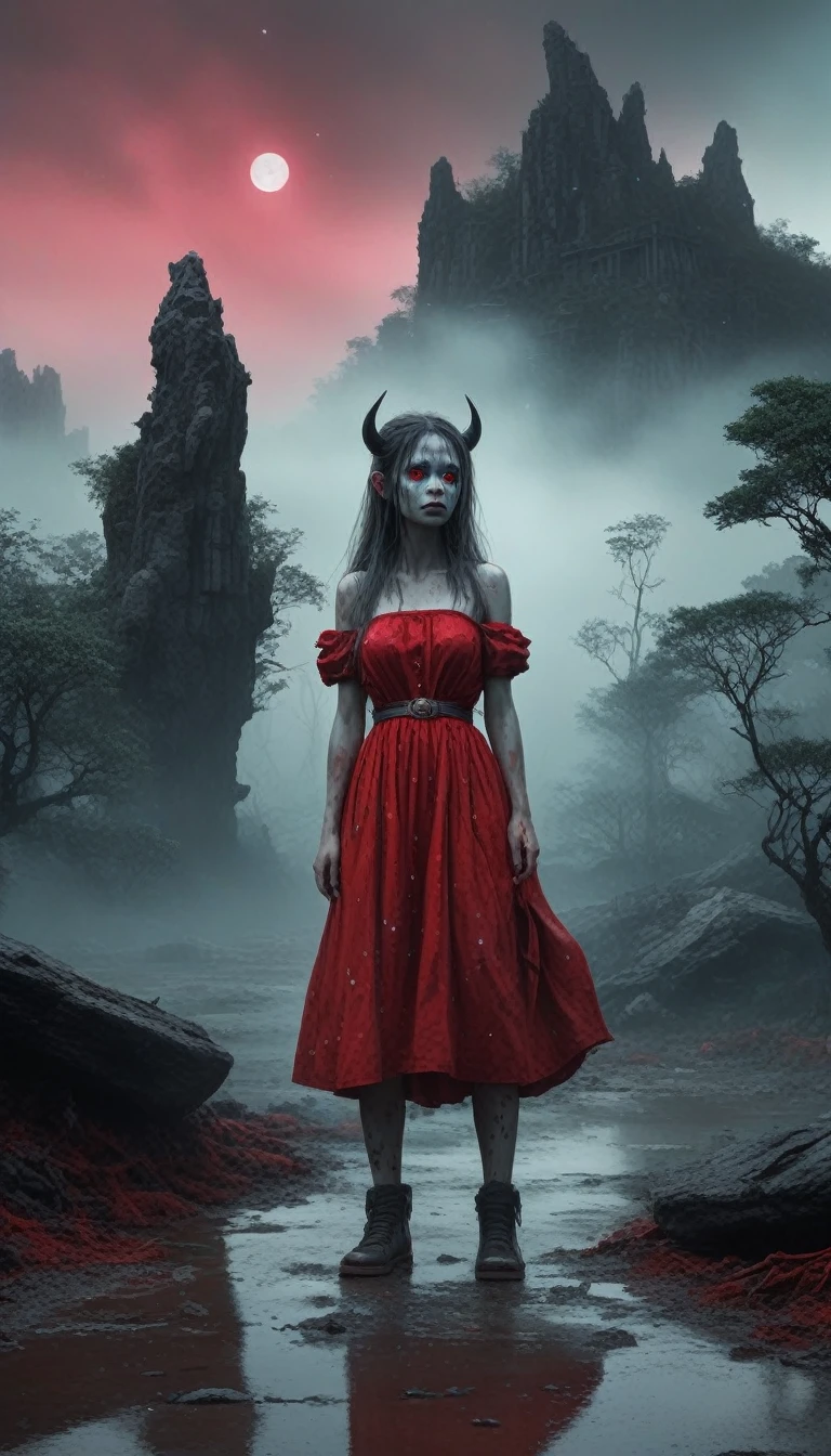 (orc:1.5),(Devil theme:1.5),(Dark horror theme:1.5),(Thriller:1.5),(Inspired by Stephen King:1.5),(Dark Fantasy:1.5), (Ink Painting:1.5), (black and white:1.5), (Sinister landscapes:1.5),(A large number of stars fly towards the viewer:1.5),(destroyed:1.5),(destroyed village:1.5),(19th century:1.5), (destroyed theme:1.5),(A lot of dust:1.5),(Puddle:1.5),(Unpaved roads:1.5),(absurd:1.5),(excellent:1.5),(best quality:1.5),(masterpiece:1.5),Whole body length,Quartz lepidolite baby girl in red dress,Pretty Face,Raised eyebrows,full-body shot,Sinister landscape,Fluorite Chrysocolla Atmosphere,author：Simon Stalenhag,Nicomoli,(((Wanjichi Mutu))),primary color,Urban,Very detailed,masterpiece,Intricate details,fade,eyes Very detailed, Highly detailed eyes,4K resolution,Raw, Nikon Z9,horror town,Whole body length,evil ghost, Winnie the Pooh Rainbow Colors,Intricate details,Stone Forest, Yunnan Province, China,Extremely detailed, Practical,, Dark and eerie atmosphere,  The ethereal existence, unforgettably beautiful, Ghosting, Mist rolling, Paranormal Entities, Devil&#39;s Essence, Shadow form, Weird Whisper, breath, 皮肤苍白得Unforgettable, dark and twisted branches, Flickering candlelight, horror element, Mystery, ghost, Gothic art style, Unforgettable, Spectral field, Unforgettable melancholy, otherworldly beauty, Ethereal Light, Unforgettable, Chilling and atmospheric, Epoachy lights.