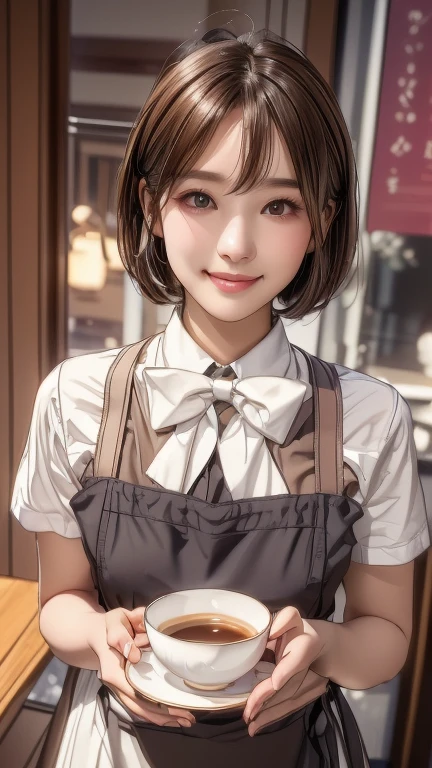 Cute 21 year old Japanese、apron、Black bow tie、Waiter、Cafe、Highly detailed face、Attention to detail、double eyelid、Beautiful thin nose、Sharp focus:1.2、beauty:1.4、(Light brown hair、short hair、)、Pure white skin、highest quality、masterpiece、Ultra-high resolution、(Realistic:1.4)、Highly detailed and professional lighting、nice smile、Carrying a teacup、Please show me your whole body、, UHD, textured skin, high details, 8k