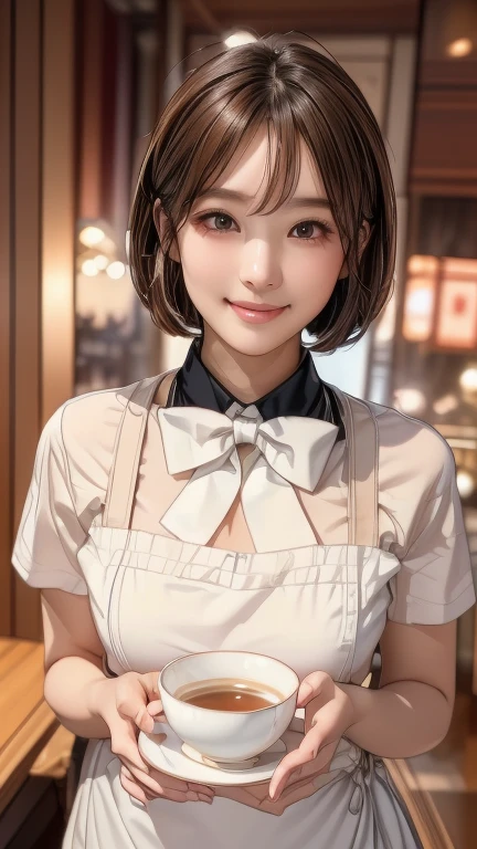 Cute 21 year old Japanese、apron、Black bow tie、Waiter、Cafe、Highly detailed face、Attention to detail、double eyelid、Beautiful thin nose、Sharp focus:1.2、beauty:1.4、(Light brown hair、short hair、)、Pure white skin、highest quality、masterpiece、Ultra-high resolution、(Realistic:1.4)、Highly detailed and professional lighting、nice smile、Carrying a teacup、Please show me your whole body、, UHD, textured skin, high details, 8k
