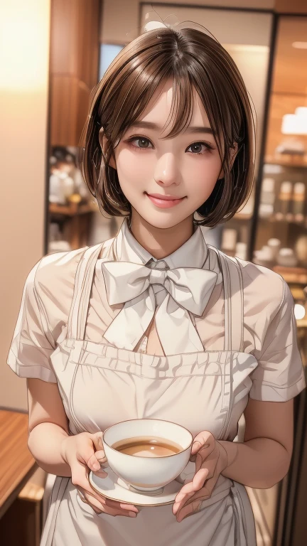 Cute 21 year old Japanese、apron、Black bow tie、Waiter、Cafe、Highly detailed face、Attention to detail、double eyelid、Beautiful thin nose、Sharp focus:1.2、beauty:1.4、(Light brown hair、short hair、)、Pure white skin、highest quality、masterpiece、Ultra-high resolution、(Realistic:1.4)、Highly detailed and professional lighting、nice smile、Carrying a teacup、Please show me your whole body、, UHD, textured skin, high details, 8k
