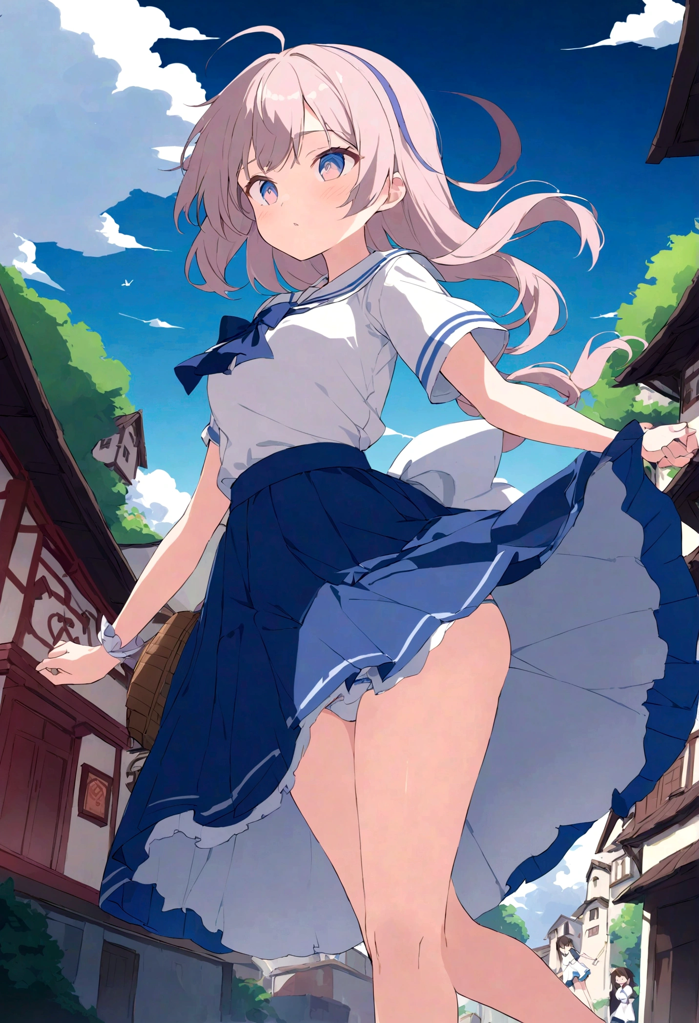 The strong wind is showing her white cotton panties、The strong wind is showing her white cotton panties、Kyoko Otonashi Maison Ikkoku Low Angle、Long skirt、強風でHolding the flipping skirt with your hand、The strong wind is showing her white cotton panties、:((Holding the flipping skirt with your hand))