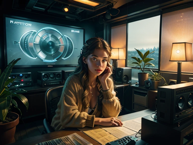 a mermaid disguised as a human,radio host,night time,radio station on top floor of tower in pacific northwestern woods,highly detailed,cinematic,dramatic lighting,fantasy,photorealistic,8k,ultra-detailed,masterpiece,realistic,vivid colors,beautiful face,detailed eyes,detailed lips,long eyelashes,beautiful skin,elegant expression,warm lighting,cozy atmosphere,detailed interior of radio station,sound equipment,glowing monitors,books and papers,potted plants,wooden furniture, hands hidden