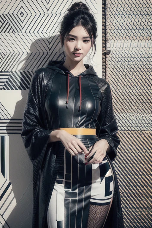 (realistic:1.3), finely detailed, quality, rembrandt lighting, (masterpiece:1.2), (photorealistic:1.2), (best quality), (detailed skin:1.3), (intricate details), dramatic, ray tracing, 1girl, japanese girl, 21 years old, detailed skin texture, (blush:0.5), (goosebumps:0.5), subsurface scattering, smiling, medium breasts, updo hair, bangs, hair between eyes, high fashion designer clothes, hoodie, (sd_mai, Geometric design style:1.4), cowboy shot, (bright sunny day, high fashion photoshoot),