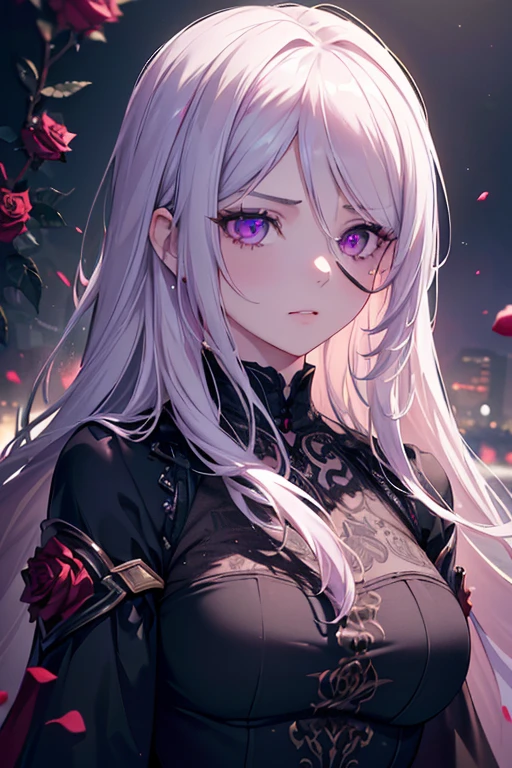 (best quality,4k,8k,highres,masterpiece:1.2),ultra-detailed,(realistic,photorealistic,photo-realistic:1.37),1girl,long white hair,rose eyepatch,glowing purple eye,rose demon,rose thorns,rose petals,dramatic lighting,intricate details,cinematic,fantasy,ethereal, dark fantasy,hyper detailed