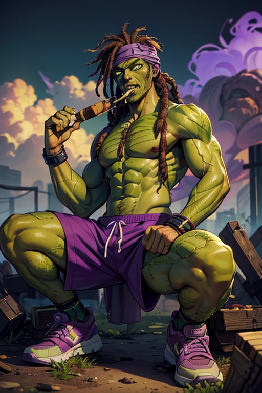 (Male of Caucasian origin).A ((muscular:1.2)) ((green skin:1.2)) ((zombie)), (missing left eye), long brown dreadlocks, rotting flesh, purple headband, purple shorts, athletic shoes, ((cigarillo in his mouth)) with massive clouds of purple smoke. smoke coming out of the left eye socket. Stoner.