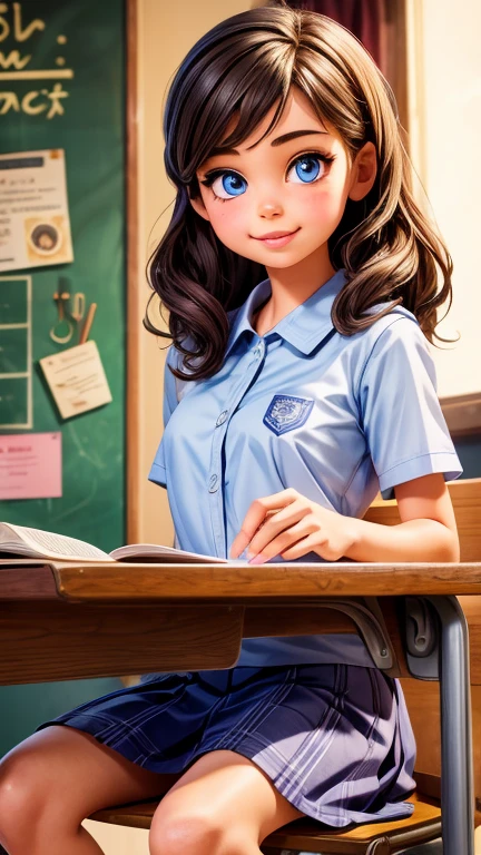 a young girl with a mischievous expression, school classroom, detailed face, beautiful detailed eyes, beautiful detailed lips, extremely detailed eyes and face, long eyelashes, school uniform, sitting at a desk, dramatic lighting, cinematic composition, vibrant colors, moody atmosphere, realistic, photorealistic, photo-realistic, best quality, 8k, highres, masterpiece, ultra-detailed