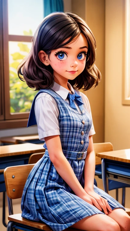 a young girl with a mischievous expression, school classroom, detailed face, beautiful detailed eyes, beautiful detailed lips, extremely detailed eyes and face, long eyelashes, school uniform, sitting at a desk, dramatic lighting, cinematic composition, vibrant colors, moody atmosphere, realistic, photorealistic, photo-realistic, best quality, 8k, highres, masterpiece, ultra-detailed