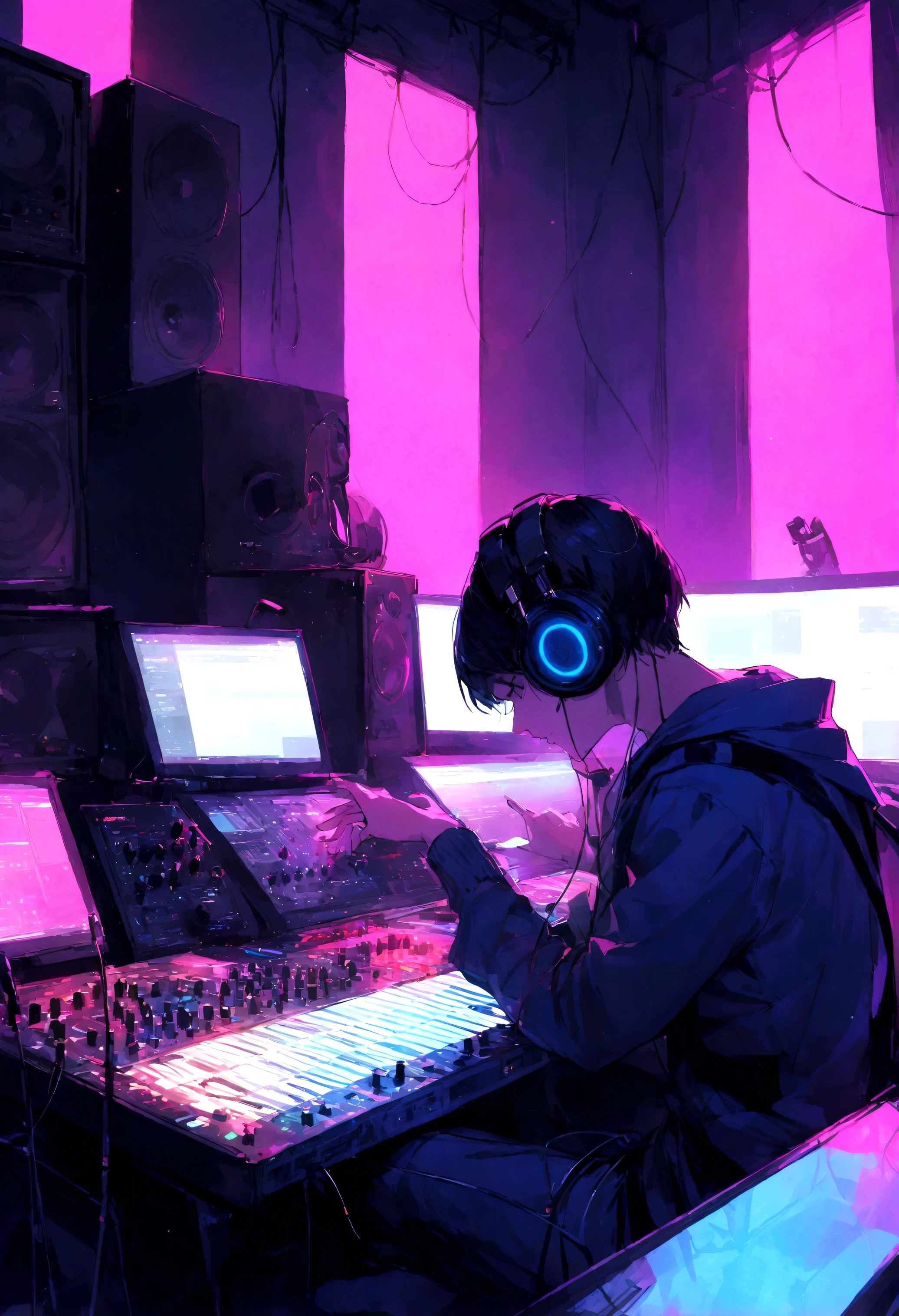 Depict a music producer working intently on his laptop in a fully equipped music studio. The producer is surrounded by a variety of audio equipment, including mixing consoles, synthesizers, speakers, and microphones. The room is dimly lit with colorful LED lights creating an ambient atmosphere. Cables and soundproofing panels line the walls, adding to the professional studio environment. The producer wears headphones, deeply focused on perfecting his tracks, with the glow of the laptop screen reflecting off his face. The overall scene captures the creative and high-tech essence of music production.