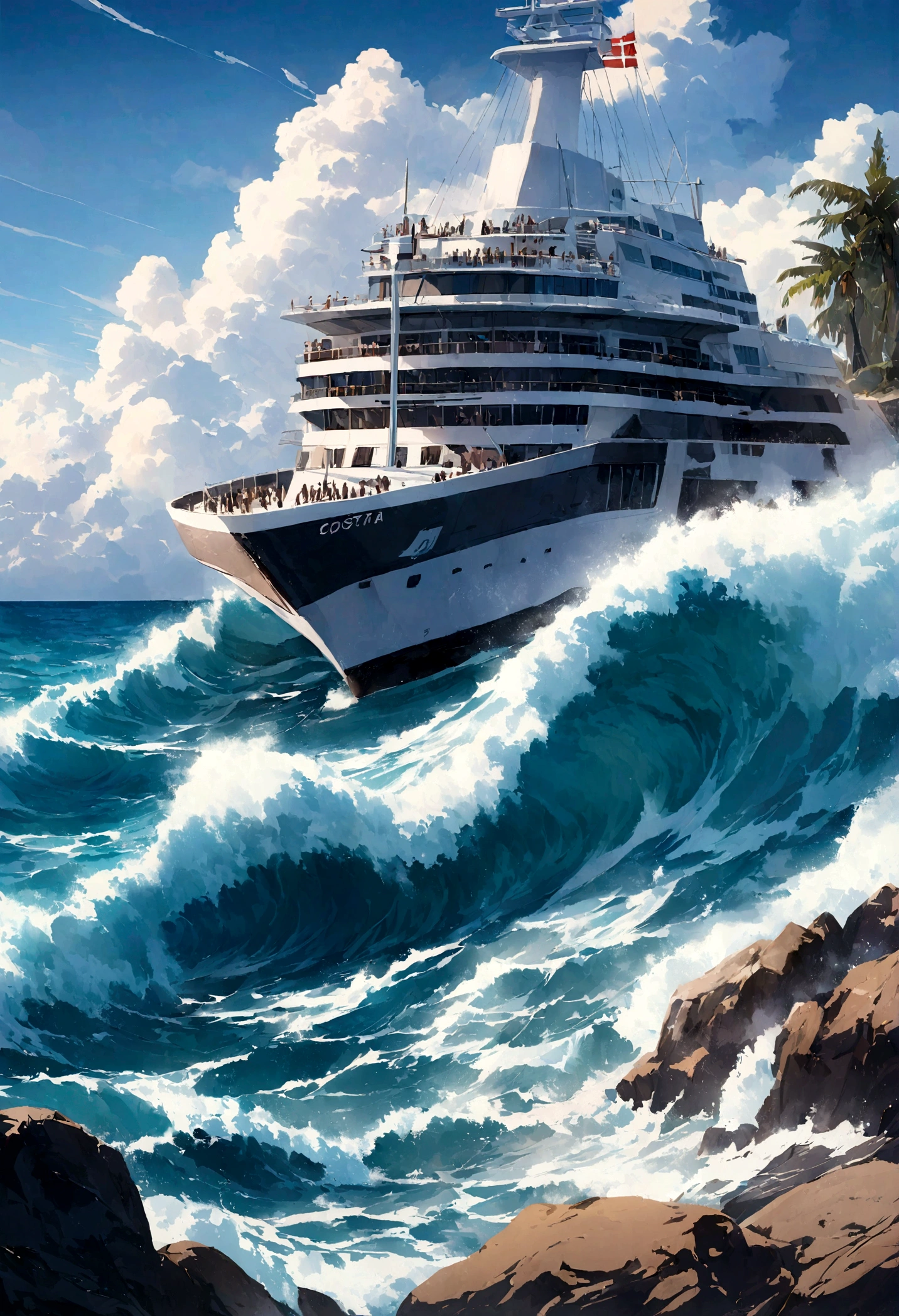 This is an oil painting.,A couple,A couple相拥,在Costa最高处,,Big scene,Cruise ship on the sea,Luxury Cruise,Costa,Blue sea,seawater,蓝色的seawater,Waves,The ship is sailing on the sea,