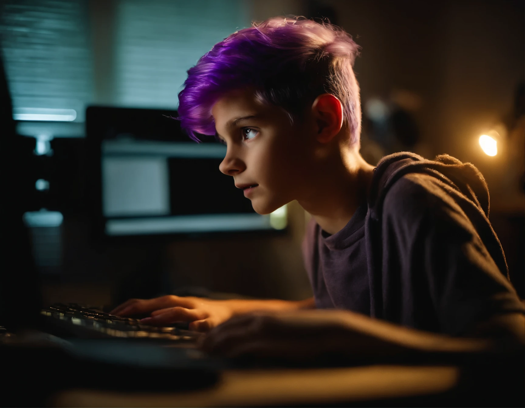 Photo of a boy with purple hair, eyes wide open and focused facing a computer monitor, his face is lit by the light of the monitor, in his room in the dark, practical lighting, Sony AZR IV, close-up