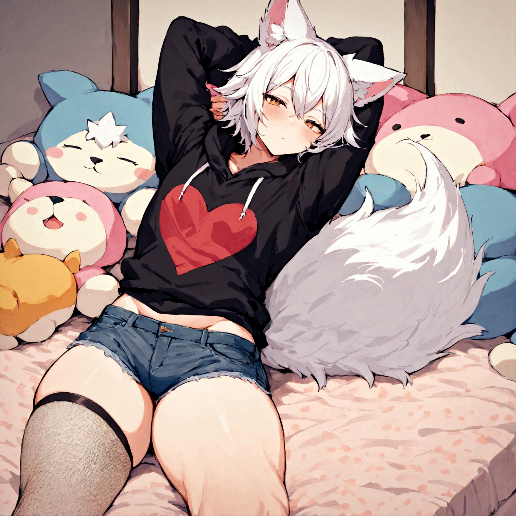 a cute adult male with wolf ears, white hair, has a wolf tail, wearing a loose cropped oversized black hoodie, wearing a pair of denim short shorts and fishnet stockings, thick thighs, wide hips, relaxing on bed surrounded by cute plushies, short, very slim, showing slender tummy, stretching out, heart on hoodie