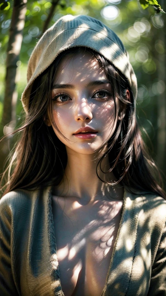 1girl, black hair, beautiful detailed eyes, beautiful detailed lips, extremely detailed face, long eyelashes, elegant dress, in a serene forest, sunlight filtering through the trees, soft lighting, warm color palette, cinematic composition, detailed foliage, photorealistic, 8k, high quality, masterpiece