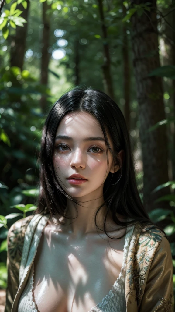 1girl, black hair, beautiful detailed eyes, beautiful detailed lips, extremely detailed face, long eyelashes, elegant dress, in a serene forest, sunlight filtering through the trees, soft lighting, warm color palette, cinematic composition, detailed foliage, photorealistic, 8k, high quality, masterpiece
