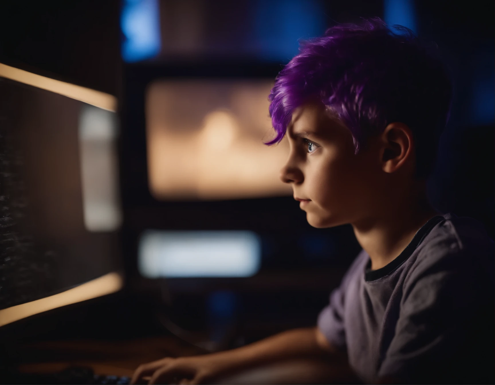 Photo of a boy with purple hair, eyes wide open and focused facing a computer monitor, his face is lit by the light of the monitor, in his room in the dark, practical lighting, Sony AZR IV, close-up