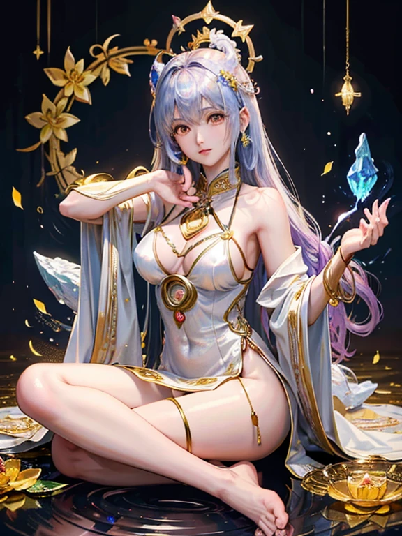 (Buddhist paradise、Gold Dust、Silver、Ruri、agate、Several large crystals、Halo、Kannon Bodhisattva)、god々A good appearance、Golden aura shining、A dazzlingly bright world、Flowers are blooming all over the place、Seated on a lotus pedestal、Official artwork、Crystal clear white dress、barefoot、(masterpiece、highest quality、High resolution、8k)、The composition is excellent、