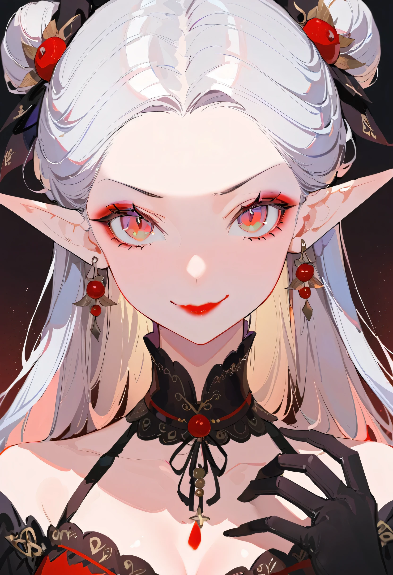 1girl,witch,ta fashion,red eyes,v-shaped eyebrows,lipstick,jitome,yandere,pointy ears,looking at viewer,upper body,gloves,bow,best quality,Amazing,masterpiece,ultra high res,intricate detail,8K,sharp focus,perfect face, exquisite makeup,(evil_girl:1.2),smile full of malice