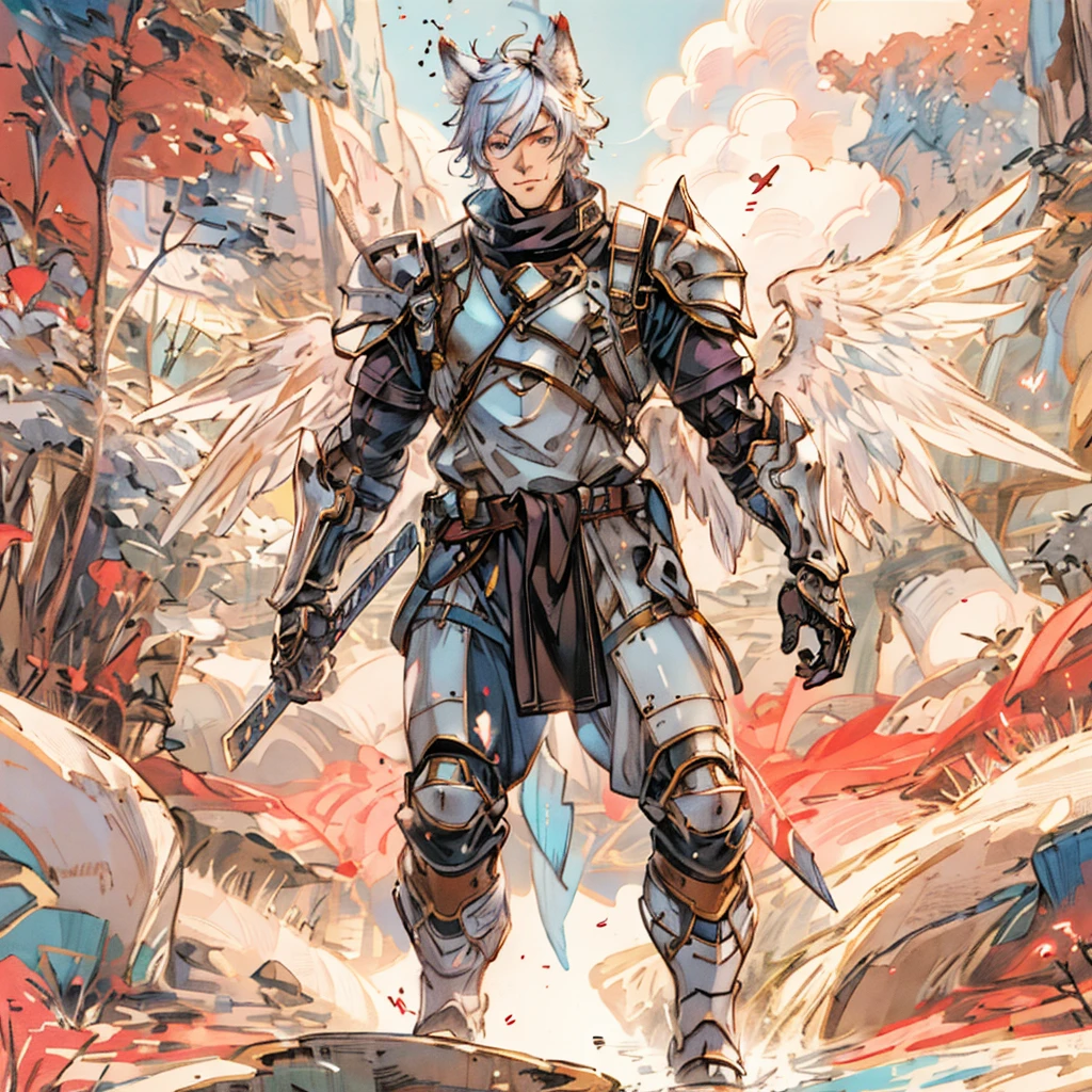 warrior with long wings, old men with wolf ears, (ultra-detailed), (perfect lighting), (dynamic angle), floating while landing, futuristic retro armor, long sword, fire pink neon glowing outline, starry sky, colorful clouds, man wearing a full-face helmet, a fantasy-style biotech armored combat suit, (a composite layered chest armor), fully enclosed shoulder guards, matching arm and leg guards, the belt is adorned with Falcon Wing, (the color scheme is primarily white with red and blue accents), the design balances heavy with agility, a high-tech bio-mecha armor, futuristic sci-fi city), this character embodies a finely crafted fantasy-surreal style armored hero in anime style, exquisite and mature manga art style, (battle damage, element, plasma, energy, the armor glows), ((male:1.5)), real texture material, dramatic, high definition, best quality, highres, ultra-detailed, ultra-fine painting, extremely delicate, professional, perfect body proportions, golden ratio, anatomically correct, symmetrical face, extremely detailed eyes and face, high quality eyes, creativity, RAW photo, UHD, 32k, Natural light, cinematic lighting, masterpiece-anatomy-perfect, masterpiece:1.5