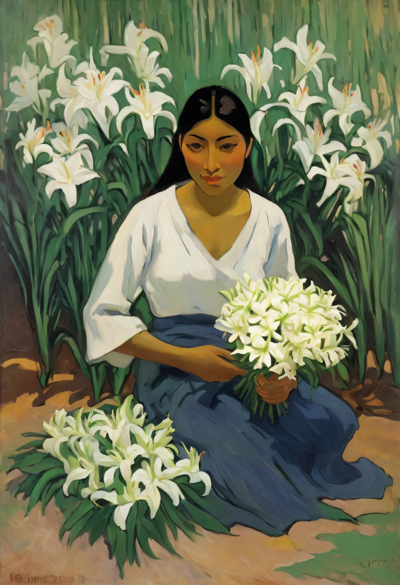 oil painting of a kneeling woman holding bunches of white lilies, many lilies, estilo gaugin